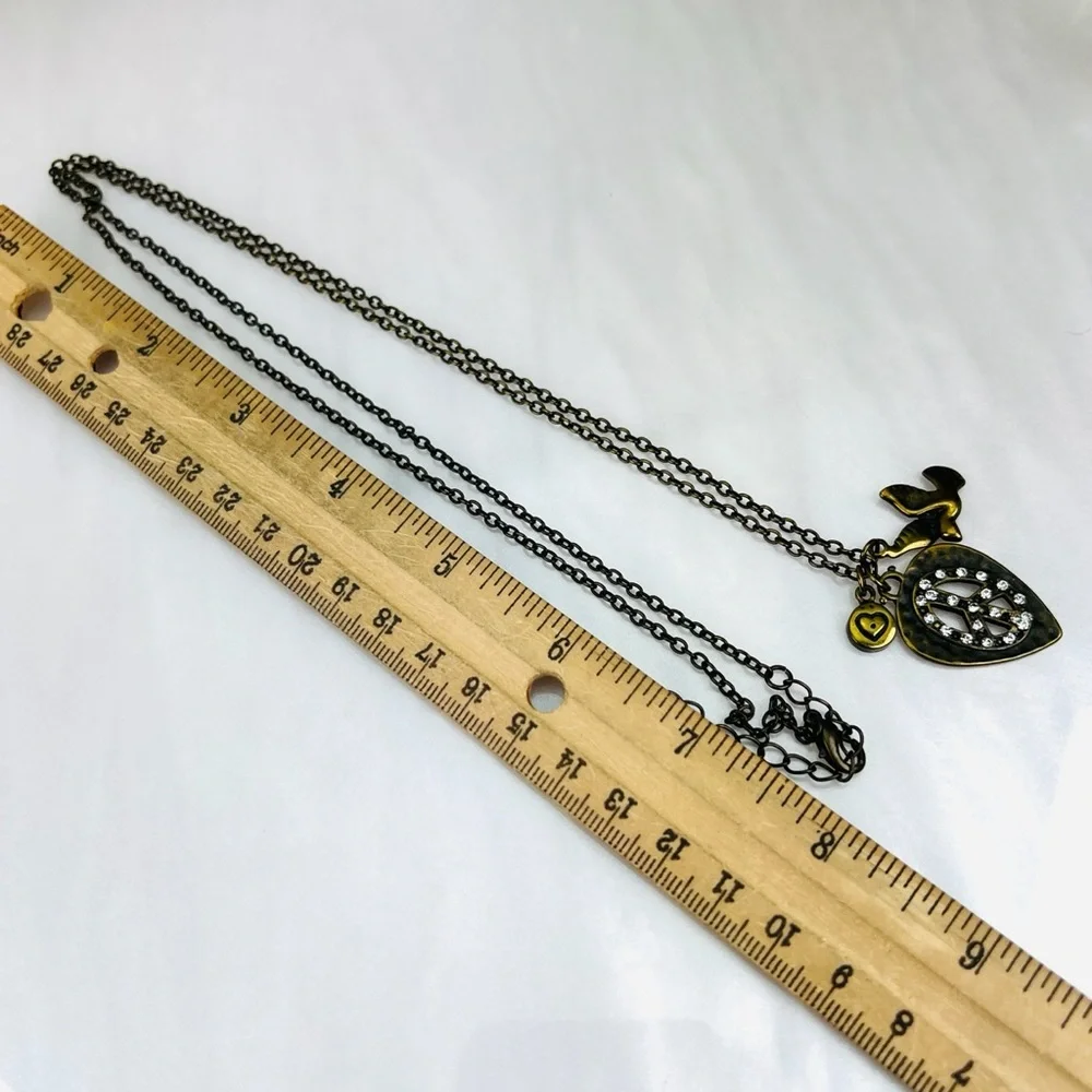 Beautiful bronze stone, 3 charm peace sign, heart, bird, long costume necklace - Picture 11 of 11
